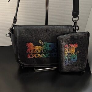 Coach EUC Black Pride Saddle Crossbody with matching wristlet
